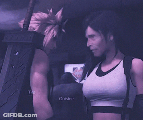 A Man And A Woman Are Standing Next To Each Other And The Man Is Holding A Large Sword GIF