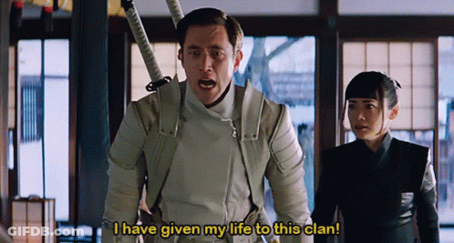 A Man And A Woman Are Standing Next To Each Other And The Man Is Saying " I Have Given My Life To This Clan " GIF