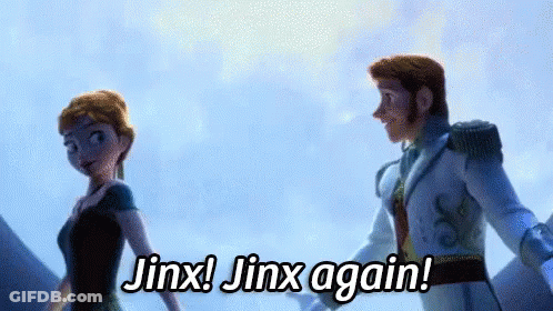 A Man And A Woman Are Standing Next To Each Other And The Man Is Saying Jinx ! Jinx Again . GIF