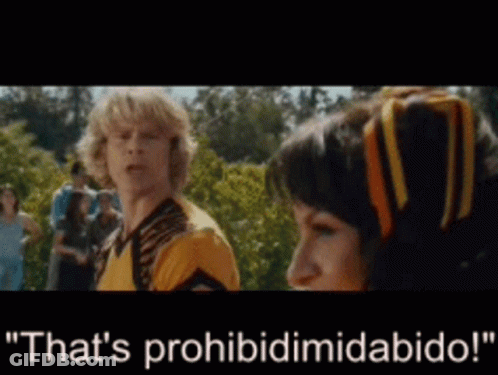 A Man And A Woman Are Standing Next To Each Other And The Man Is Saying " That 'S Prohibitimidabido " GIF