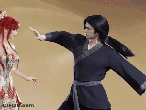 A Man And A Woman Are Standing Next To Each Other And The Man Is Wearing A Black Kimono GIF