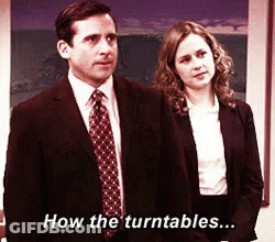 A Man And A Woman Are Standing Next To Each Other And The Man Says How The Turntables ... GIF