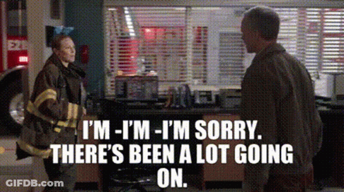 A Man And A Woman Are Standing Next To Each Other And The Man Says I 'M - I 'M Sorry GIF