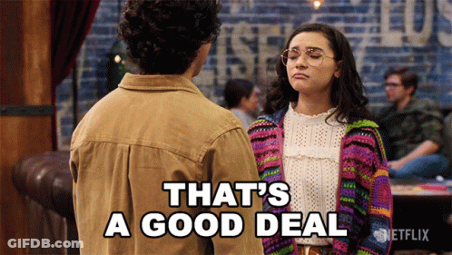 A Man And A Woman Are Standing Next To Each Other And The Man Says That 'S A Good Deal GIF