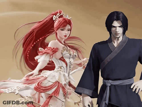 A Man And A Woman Are Standing Next To Each Other And The Woman Has Red Hair GIF