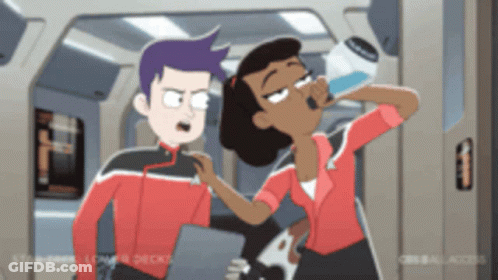 A Man And A Woman Are Standing Next To Each Other And The Woman Is Drinking Water GIF