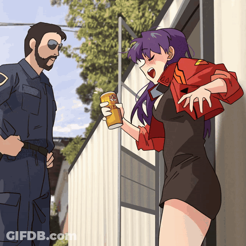 A Man And A Woman Are Standing Next To Each Other And The Woman Is Holding A Can That Says ' Ao ' GIF