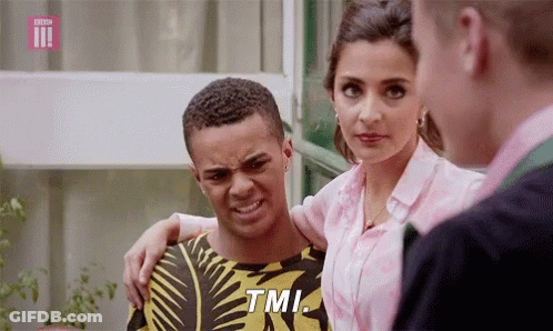 A Man And A Woman Are Standing Next To Each Other And The Woman Is Saying Tmi GIF