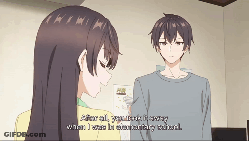 A Man And A Woman Are Standing Next To Each Other And The Woman Says After All You Took It Away GIF