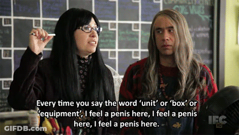 A Man And A Woman Are Standing Next To Each Other And The Woman Says Every Time You Say The Word Unit GIF