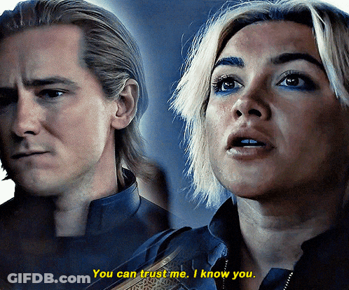 A Man And A Woman Are Standing Next To Each Other And The Woman Says " You Can Trust Me I Know You " GIF