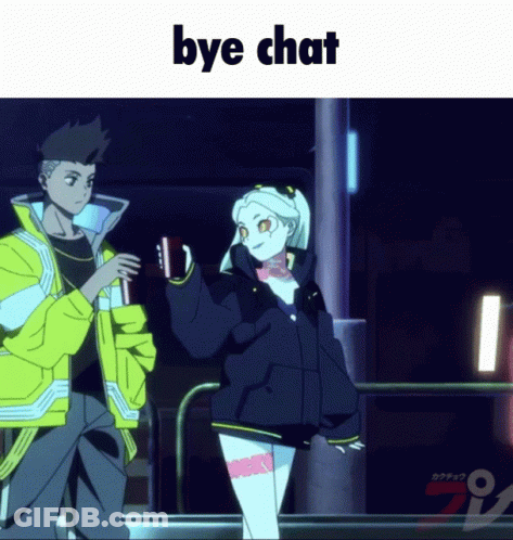 A Man And A Woman Are Standing Next To Each Other And The Words Bye Chat Are Above Them GIF