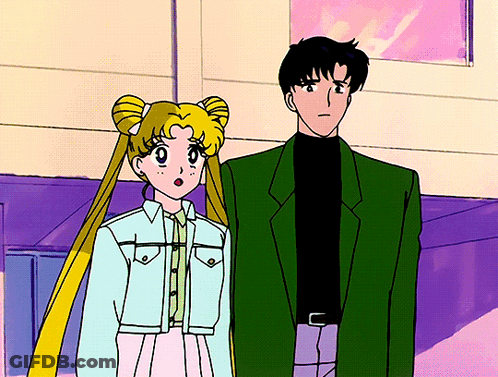 A Man And A Woman Are Standing Next To Each Other In A Cartoon GIF