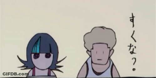 A Man And A Woman Are Standing Next To Each Other In A Cartoon With Japanese Writing GIF
