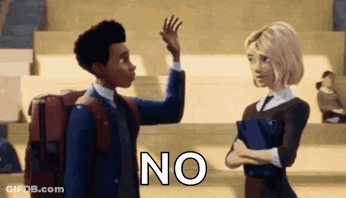 A Man And A Woman Are Standing Next To Each Other In A Classroom . The Man Is Waving At The Woman . GIF