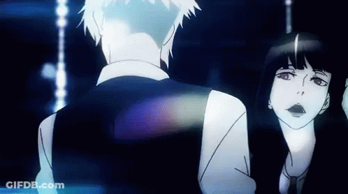 A Man And A Woman Are Standing Next To Each Other In A Dark Room In A Cartoon . GIF