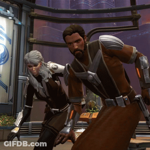 A Man And A Woman Are Standing Next To Each Other In A Futuristic Setting GIF