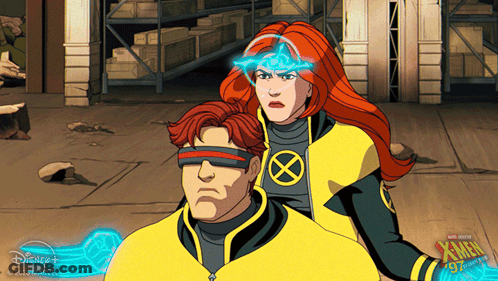 A Man And A Woman Are Standing Next To Each Other In A Scene From The X-Men Series GIF