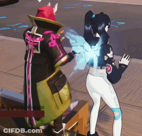 A Man And A Woman Are Standing Next To Each Other In A Video Game And The Woman Has A Blue Light Coming Out Of Her Back GIF