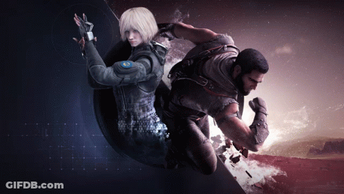 A Man And A Woman Are Standing Next To Each Other In A Video Game Scene GIF