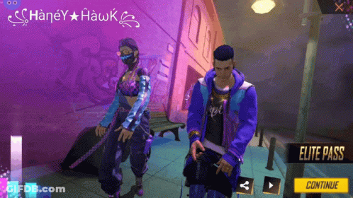 A Man And A Woman Are Standing Next To Each Other In A Video Game With Elite Pass In The Corner GIF