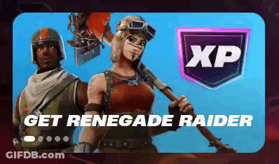 A Man And A Woman Are Standing Next To Each Other In A Video Game With The Words `` Get Renegade Raider '' On It . GIF