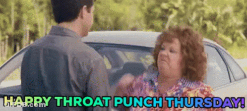 A Man And A Woman Are Standing Next To Each Other In Front Of A Car With The Words Happy Throat Punch Thursday . GIF