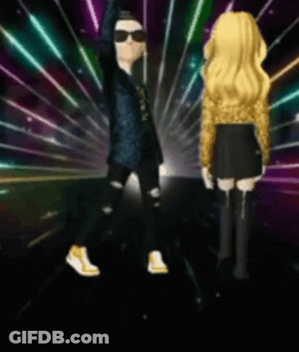 A Man And A Woman Are Standing Next To Each Other In Front Of A Colorful Background . GIF