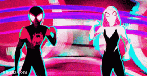 A Man And A Woman Are Standing Next To Each Other In Front Of A Purple And Pink Background . GIF