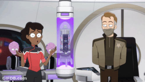 A Man And A Woman Are Standing Next To Each Other In Front Of A Purple Container That Says ' X ' GIF