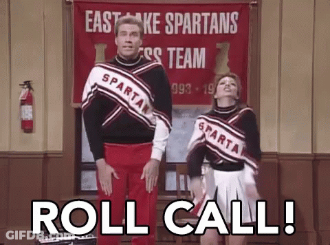 A Man And A Woman Are Standing Next To Each Other In Front Of A Sign That Says `` Roll Call '' . GIF