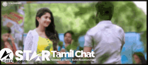 A Man And A Woman Are Standing Next To Each Other In Front Of A Sign That Says Star Tamil Chat GIF
