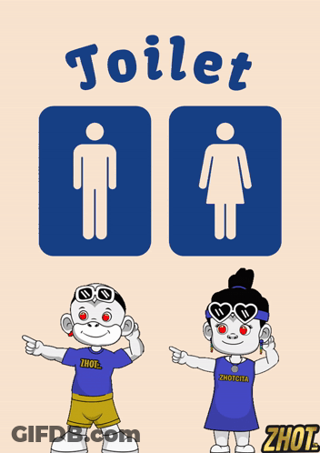 A Man And A Woman Are Standing Next To Each Other In Front Of A Sign That Says Toilet GIF