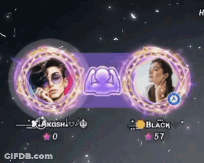 A Man And A Woman Are Standing Next To Each Other In Purple Circles . GIF