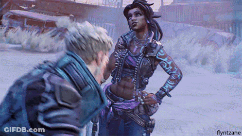 A Man And A Woman Are Standing Next To Each Other In The Snow In A Video Game . GIF