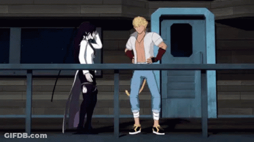 A Man And A Woman Are Standing Next To Each Other On A Fence . GIF