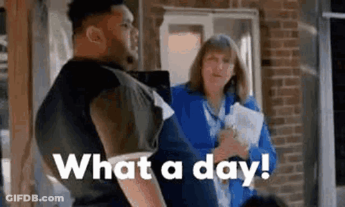 A Man And A Woman Are Standing Next To Each Other On A Porch And The Man Is Asking The Woman What A Day . GIF