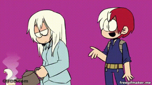 A Man And A Woman Are Standing Next To Each Other On A Purple Background . GIF