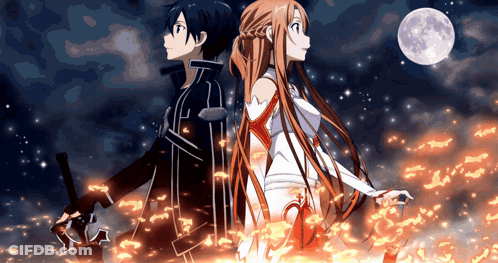 A Man And A Woman Are Standing Next To Each Other With A Full Moon In The Background GIF