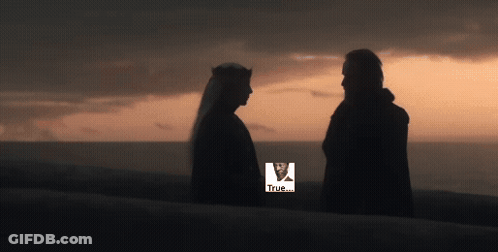 A Man And A Woman Are Standing Next To Each Other With A True Icon In The Corner GIF