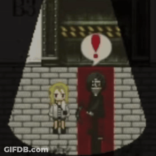 A Man And A Woman Are Standing Next To Each Other With An Exclamation Point In The Middle GIF