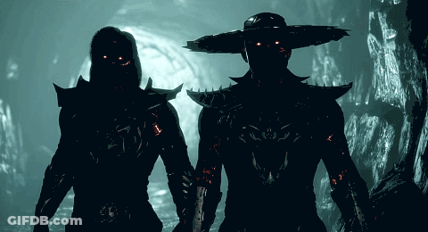 A Man And A Woman Are Standing Next To Each Other With Red Eyes GIF