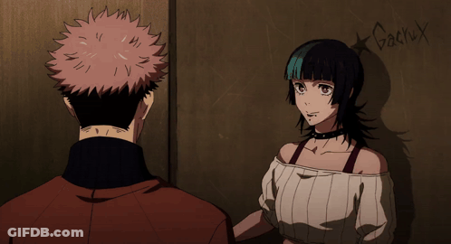 A Man And A Woman Are Standing Next To Each Other With The Word Gacha On The Wall Behind Them GIF