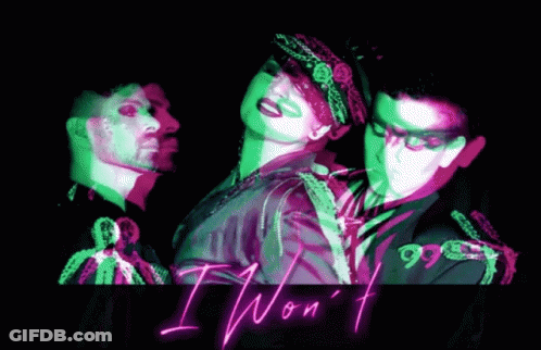 A Man And A Woman Are Standing Next To Each Other With The Word I Won 'T In Neon GIF