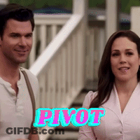 A Man And A Woman Are Standing Next To Each Other With The Word Pivot On The Bottom Right GIF