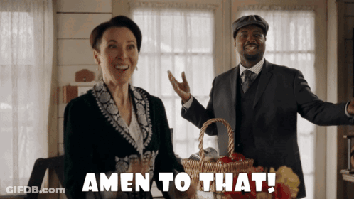 A Man And A Woman Are Standing Next To Each Other With The Words Amen To That Behind Them GIF