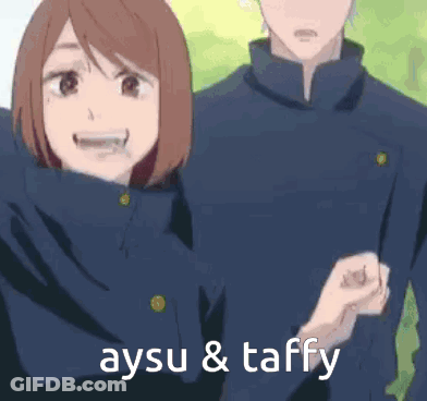 A Man And A Woman Are Standing Next To Each Other With The Words Aysu & Taffy Above Them . GIF