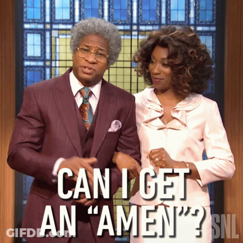 A Man And A Woman Are Standing Next To Each Other With The Words Can I Get An Amen GIF