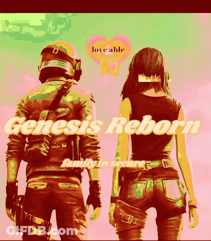 A Man And A Woman Are Standing Next To Each Other With The Words Genesis Reborn Family In Secure Below Them GIF