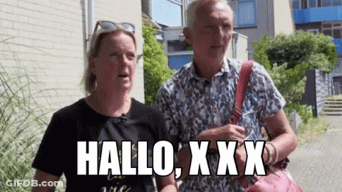 A Man And A Woman Are Standing Next To Each Other With The Words Hallo X Xx Written On Their Faces GIF